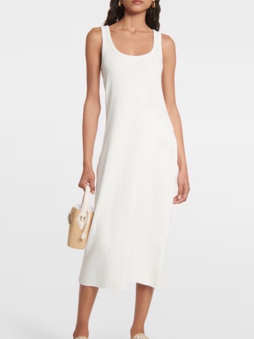 Designer VINCE Distressed Sleeveless White Ribbed Midi Dress Sz S NWOT